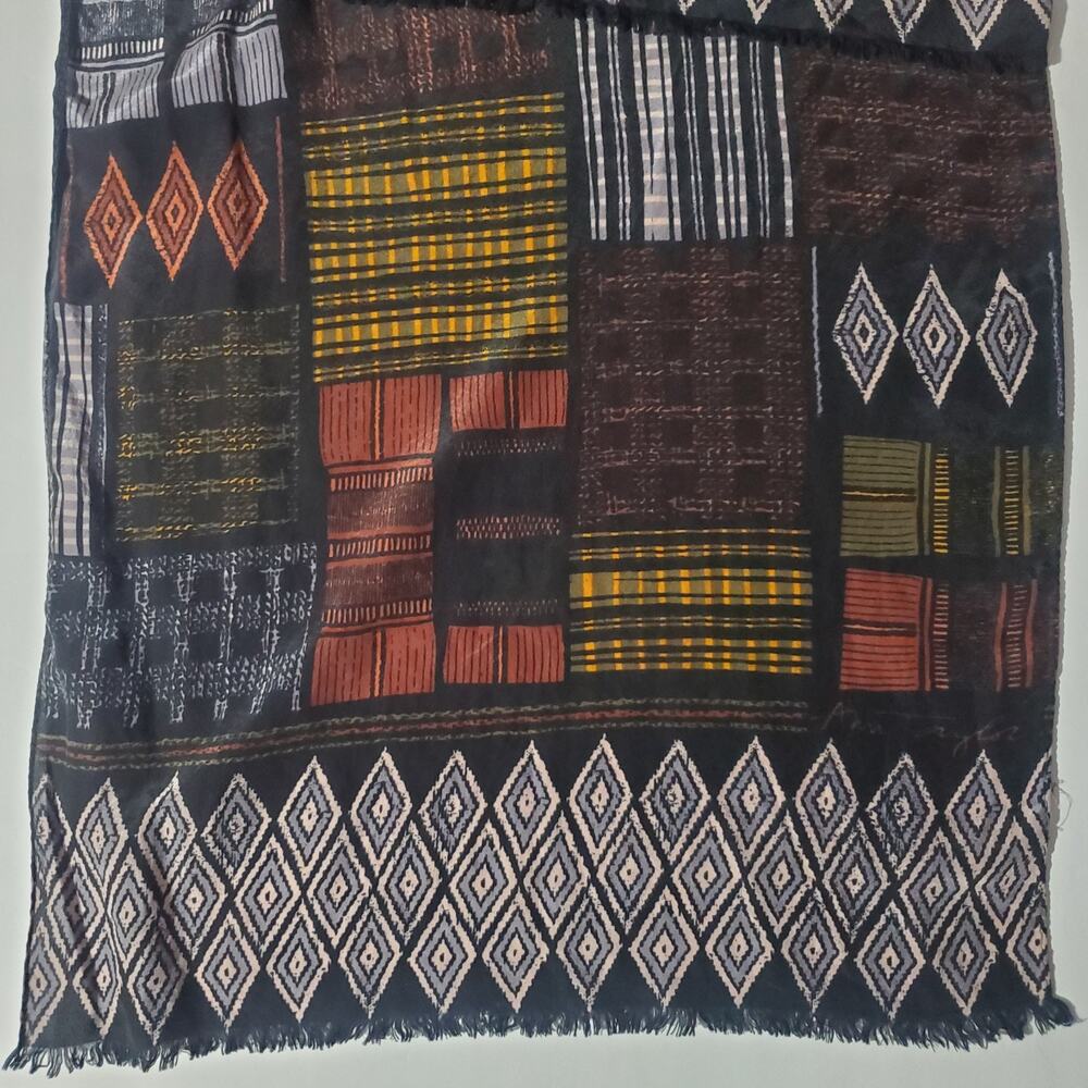 Vintage Ann Taylor Silk Scarf Oblong Geometric Patchwork Diamond Fringe 15x56